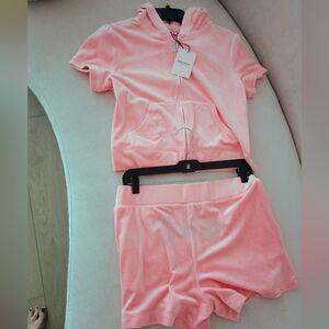 Juicy Couture Tracksuit Bling Velour Short Sleeve Hoodie Shorts Flamingo PinkNWT